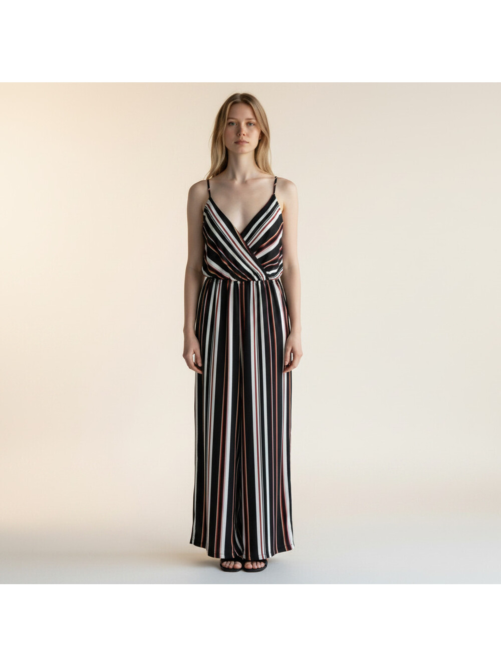 JustFab Jumpsuit Women L Large Black Striped V-Neck Sleeveless Wide Leg Casual